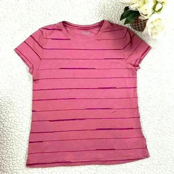 Athleta Pink Striped Organic Cotton Short Sleeve Crew Neck Athletic Tee Size S - Picture 1 of 13
